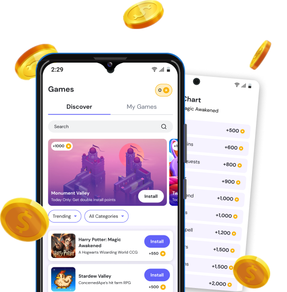 Freeplay app on two phones, with gold coins and a list of point rewards
